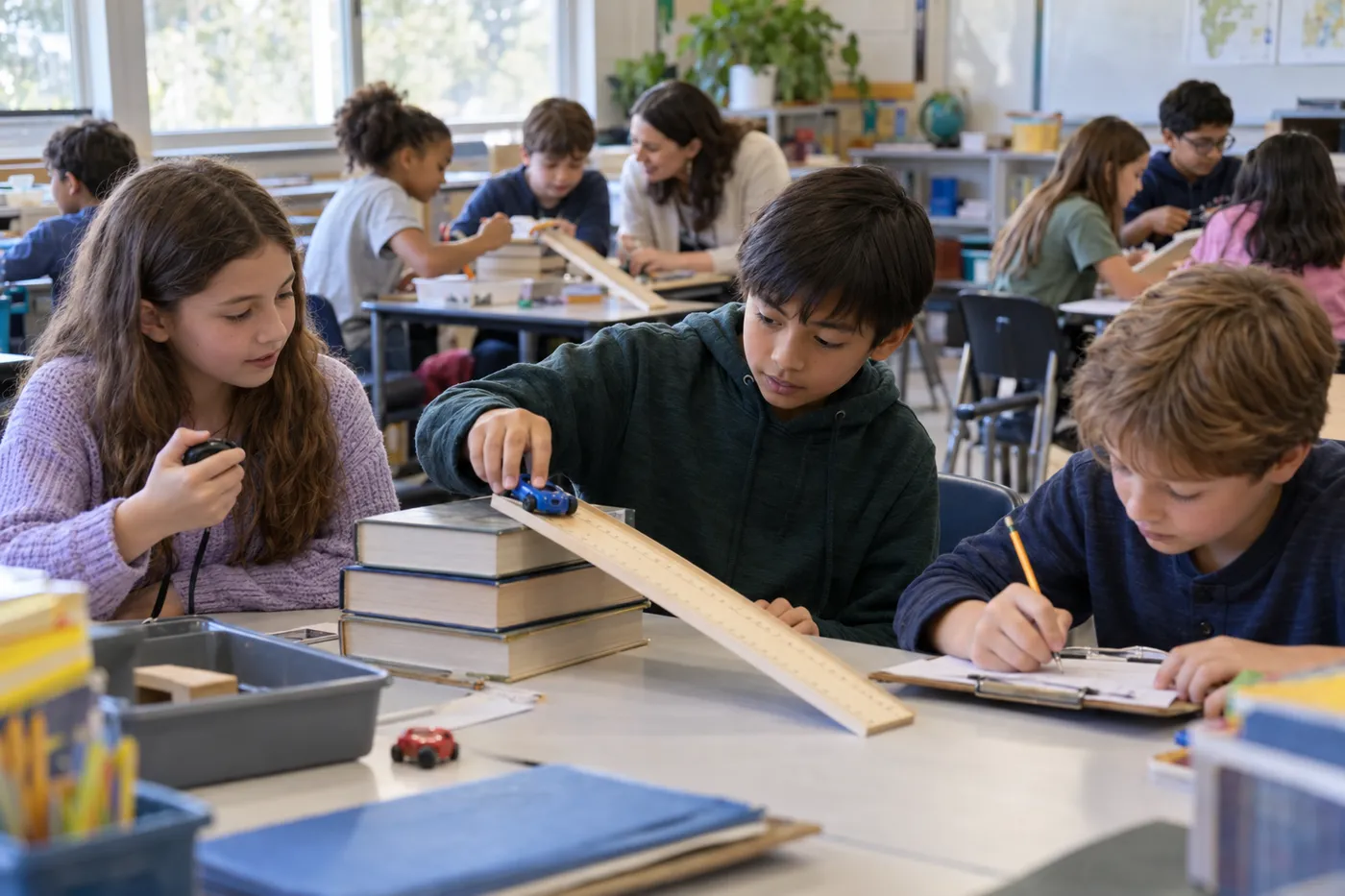 Students at a classroom table run a ramp test with a toy car, a stack of books and a clipboard.