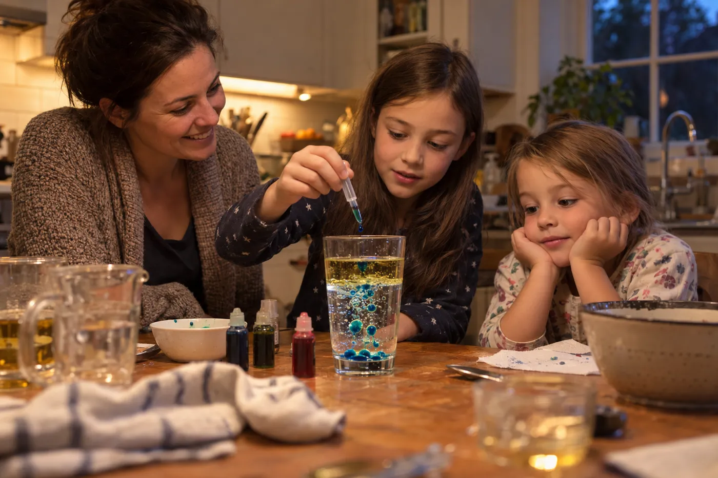A parent and two children at the kitchen table watch coloured drops sink through oil in a homemade lava lamp.