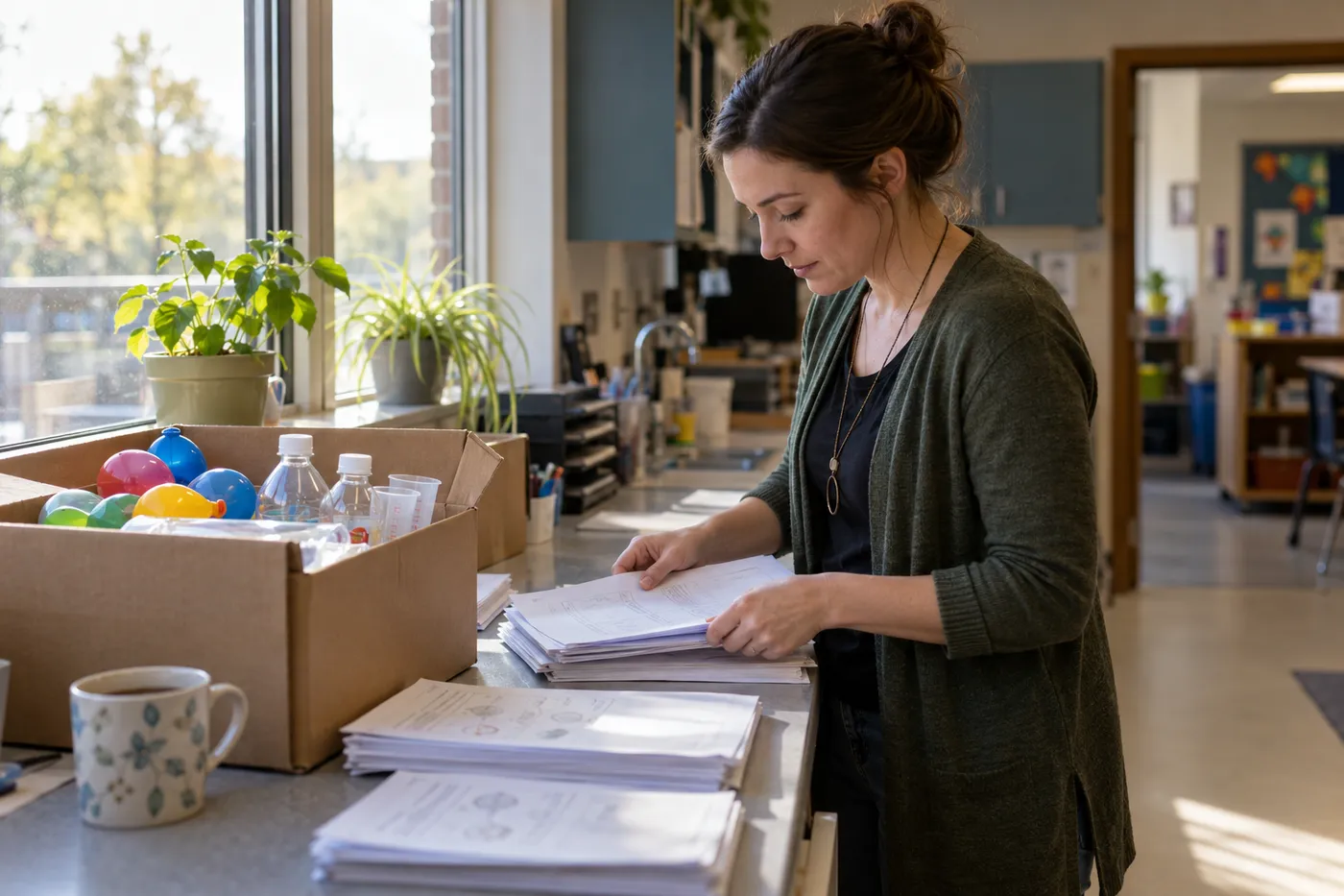 A teacher sorts printed lesson sheets beside a box of materials in a sunny classroom.