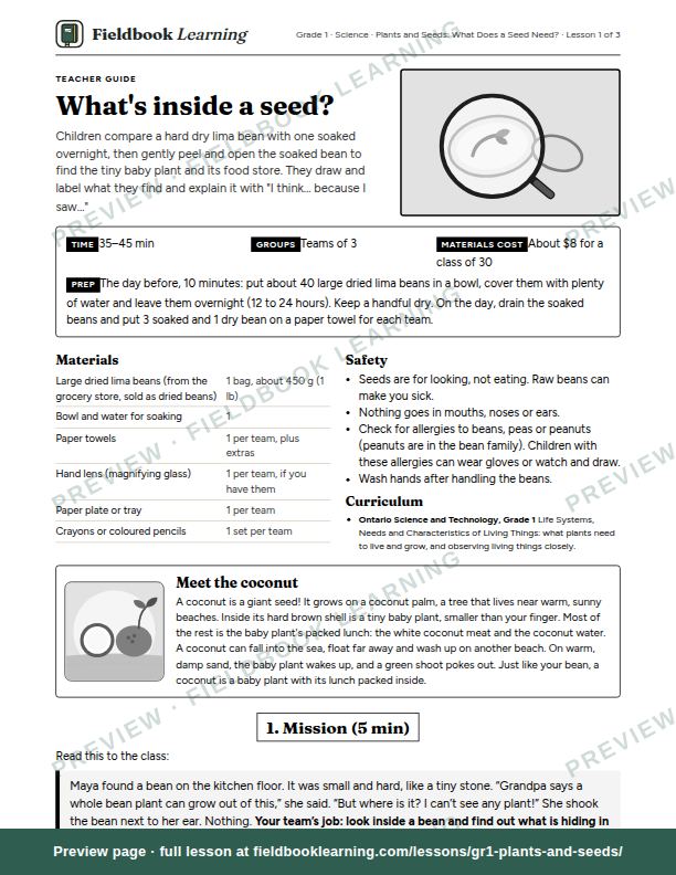 First page of the What's inside a seed? teacher guide