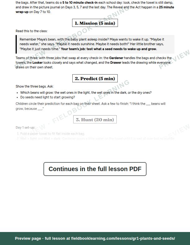 Inside: the lesson steps: What does a seed need to grow?