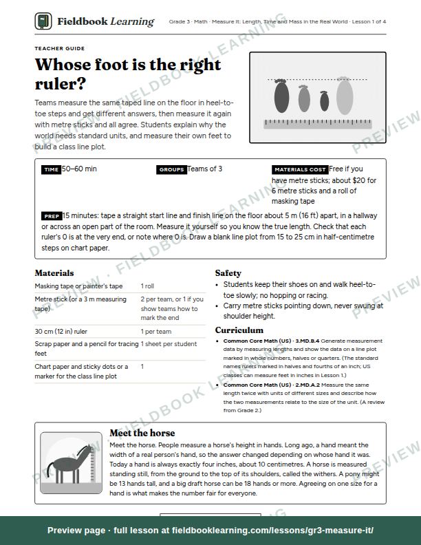 First page of the Whose foot is the right ruler? teacher guide