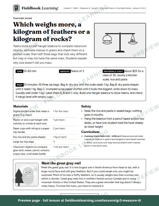 First page of the Which weighs more, a kilogram of feathers or a kilogram of rocks? teacher guide