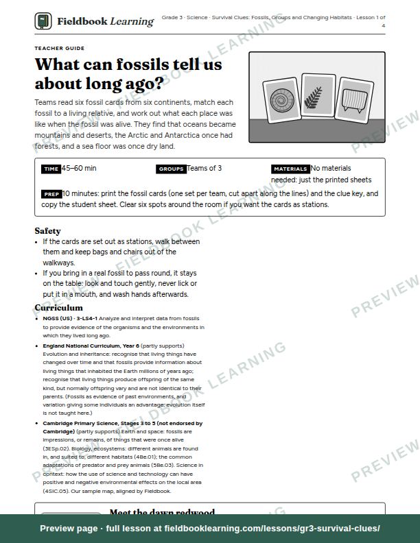First page of the What can fossils tell us about long ago? teacher guide