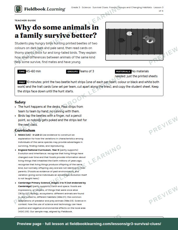First page of the Why do some animals in a family survive better? teacher guide
