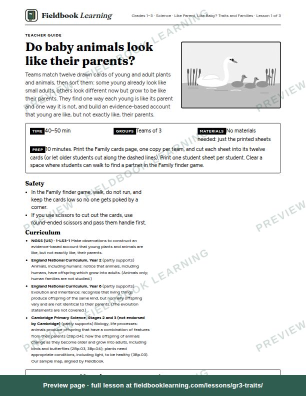 First page of the Do baby animals look like their parents? teacher guide
