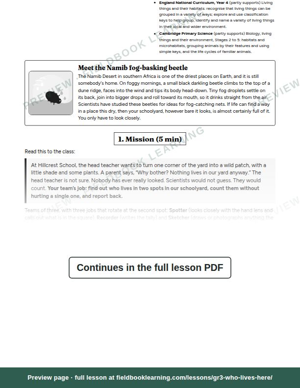 Inside: the lesson steps: Who lives in our schoolyard?
