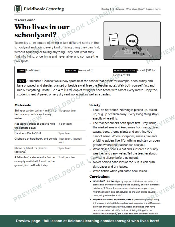 First page of the Who lives in our schoolyard? teacher guide