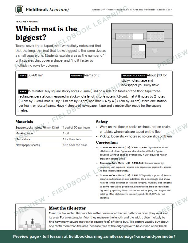 First page of the Which mat is the biggest? teacher guide