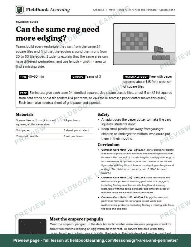 First page of the Can the same rug need more edging? teacher guide