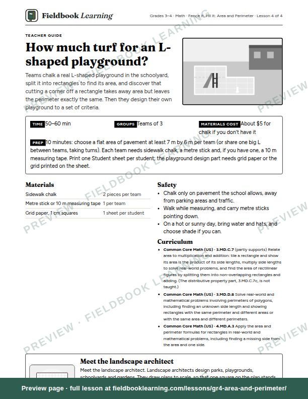 First page of the How much turf for an L-shaped playground? teacher guide