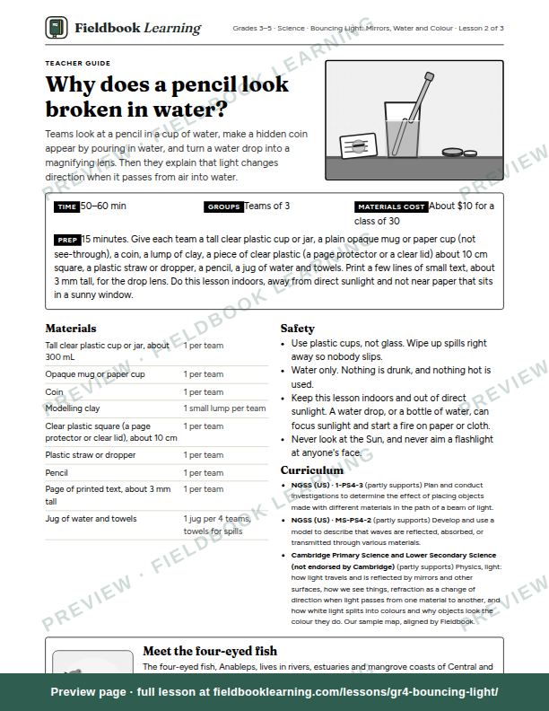 First page of the Why does a pencil look broken in water? teacher guide