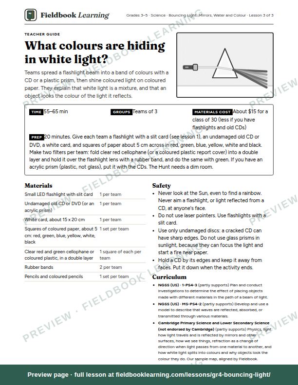 First page of the What colours are hiding in white light? teacher guide