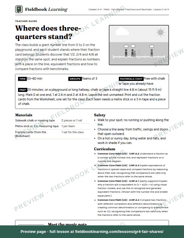 First page of the Where does three-quarters stand? teacher guide