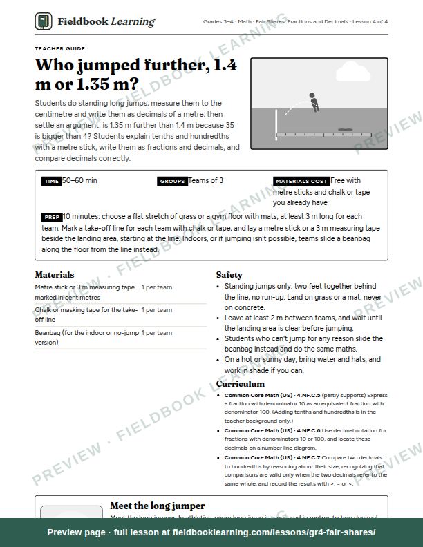 First page of the Who jumped further, 1.4 m or 1.35 m? teacher guide