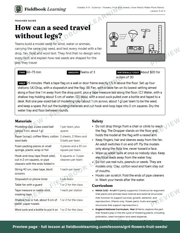 First page of the How can a seed travel without legs? teacher guide