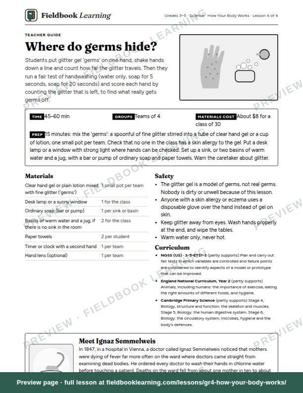 First page of the Where do germs hide? teacher guide