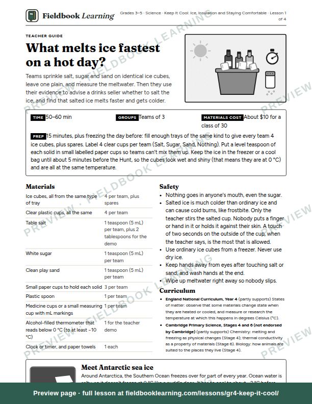 First page of the What melts ice fastest on a hot day? teacher guide