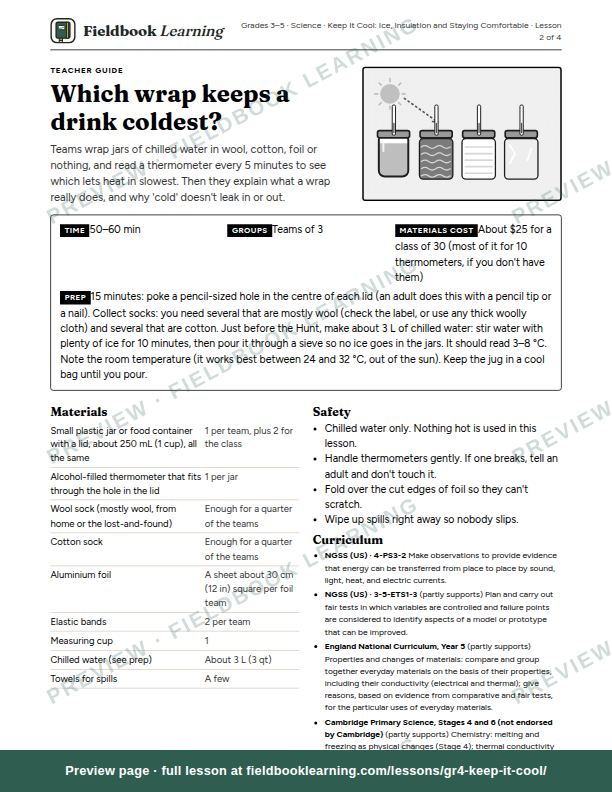 First page of the Which wrap keeps a drink coldest? teacher guide