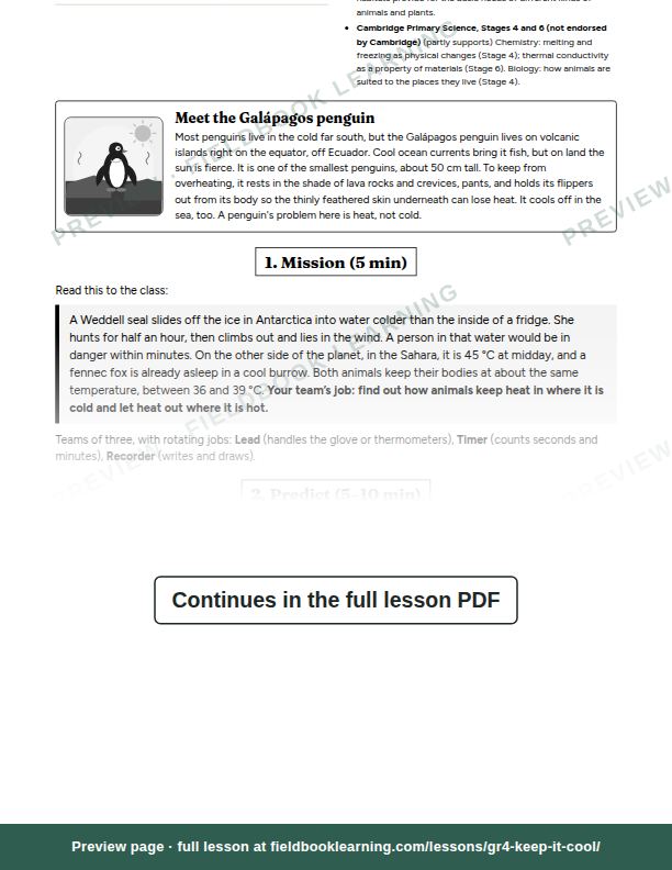 Inside: the lesson steps: How do animals stay warm in the sea and cool in the desert?