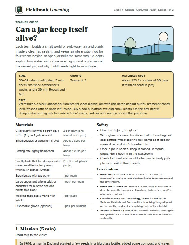 First page of the Can a jar keep itself alive? teacher guide