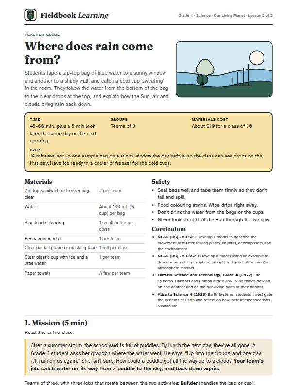 First page of the Where does rain come from? teacher guide