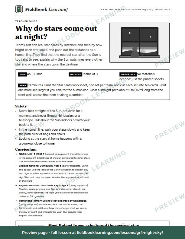 First page of the Why do stars come out at night? teacher guide