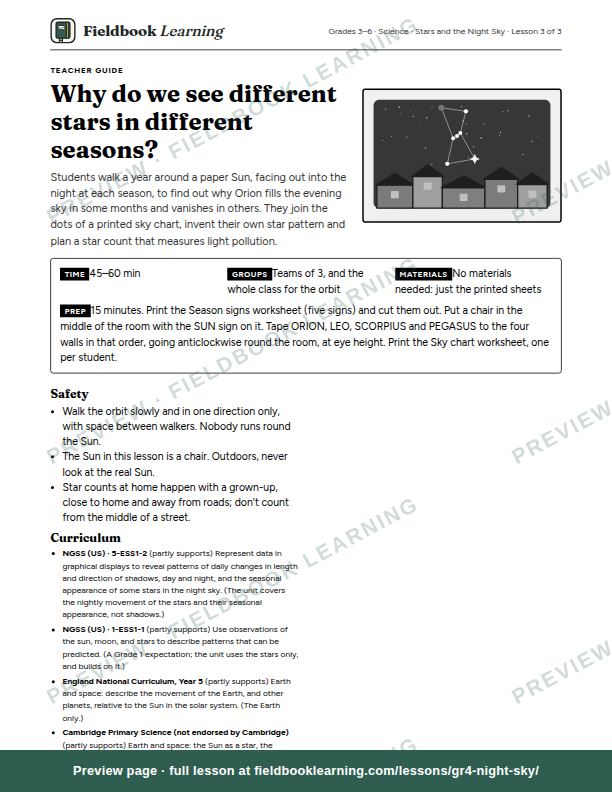First page of the Why do we see different stars in different seasons? teacher guide