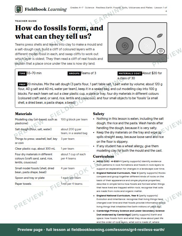First page of the How do fossils form, and what can they tell us? teacher guide