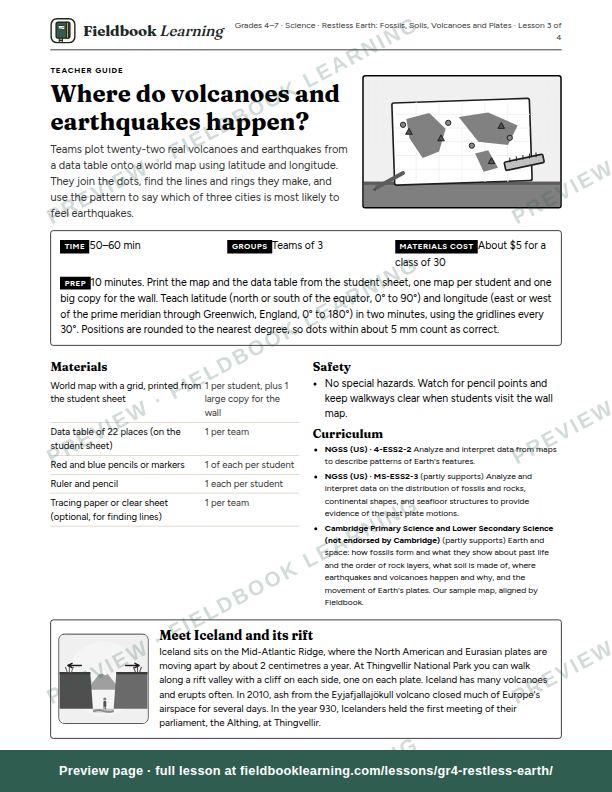 First page of the Where do volcanoes and earthquakes happen? teacher guide