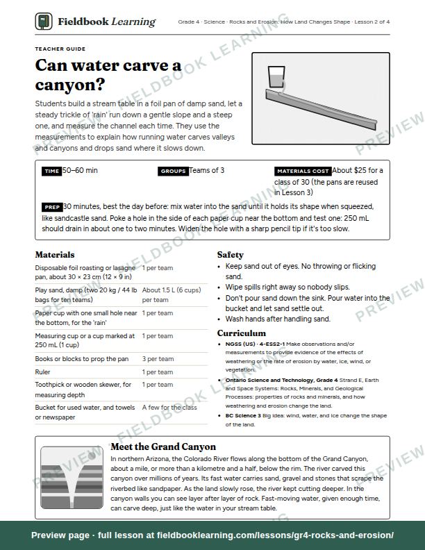 First page of the Can water carve a canyon? teacher guide