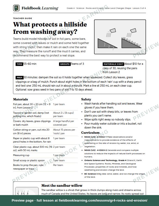 First page of the What protects a hillside from washing away? teacher guide