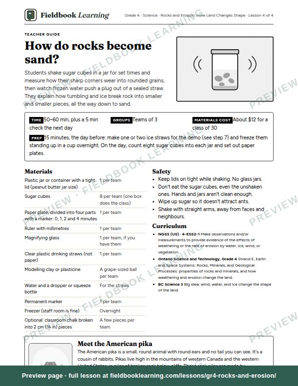 First page of the How do rocks become sand? teacher guide