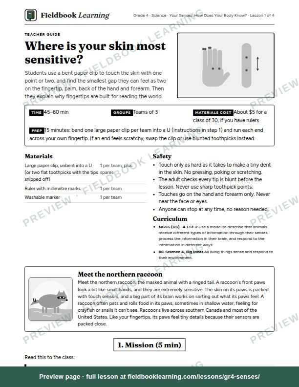 First page of the Where is your skin most sensitive? teacher guide