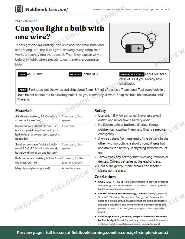 First page of the Can you light a bulb with one wire? teacher guide