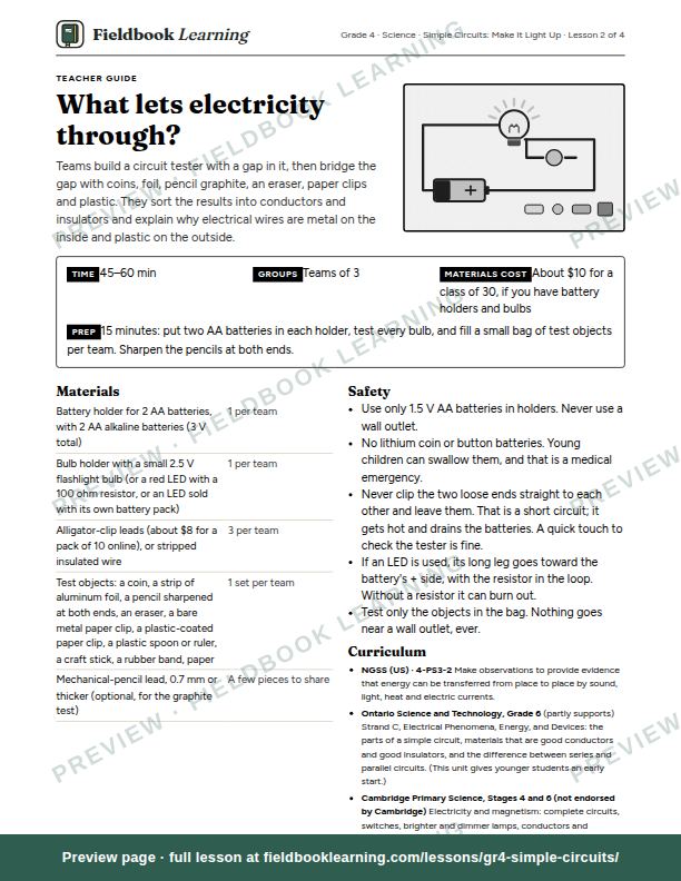 First page of the What lets electricity through? teacher guide
