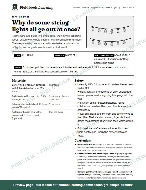 First page of the Why do some string lights all go out at once? teacher guide