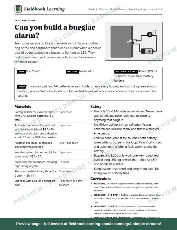 First page of the Can you build a burglar alarm? teacher guide