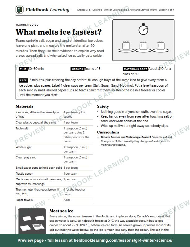 First page of the What melts ice fastest? teacher guide