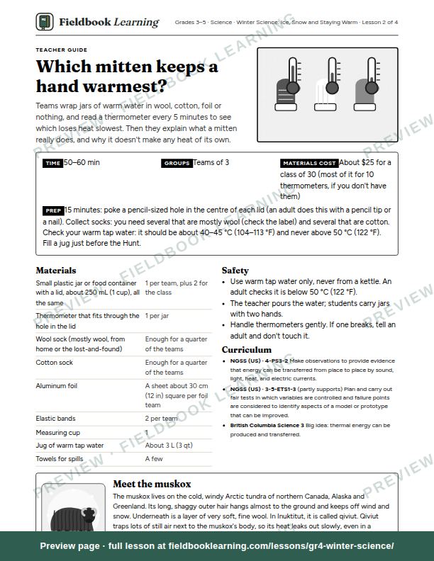 First page of the Which mitten keeps a hand warmest? teacher guide