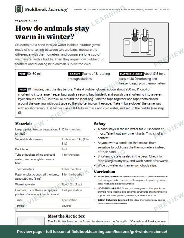 First page of the How do animals stay warm in winter? teacher guide