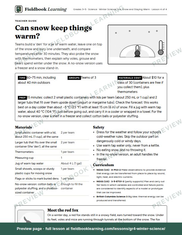 First page of the Can snow keep things warm? teacher guide