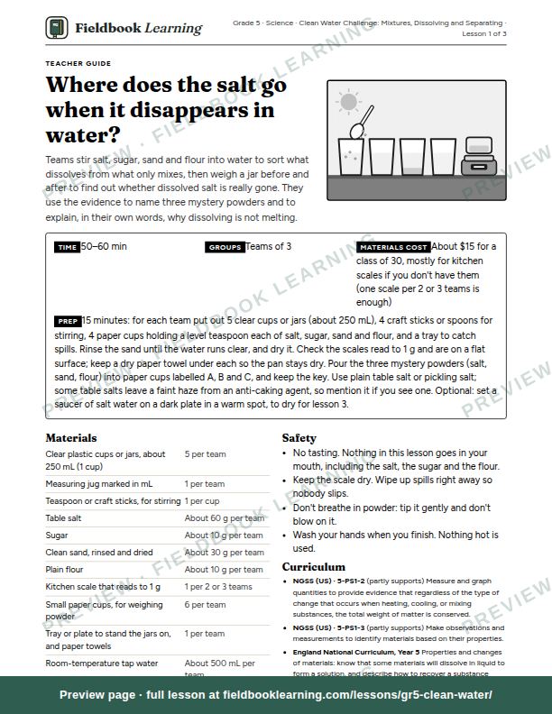 First page of the Where does the salt go when it disappears in water? teacher guide