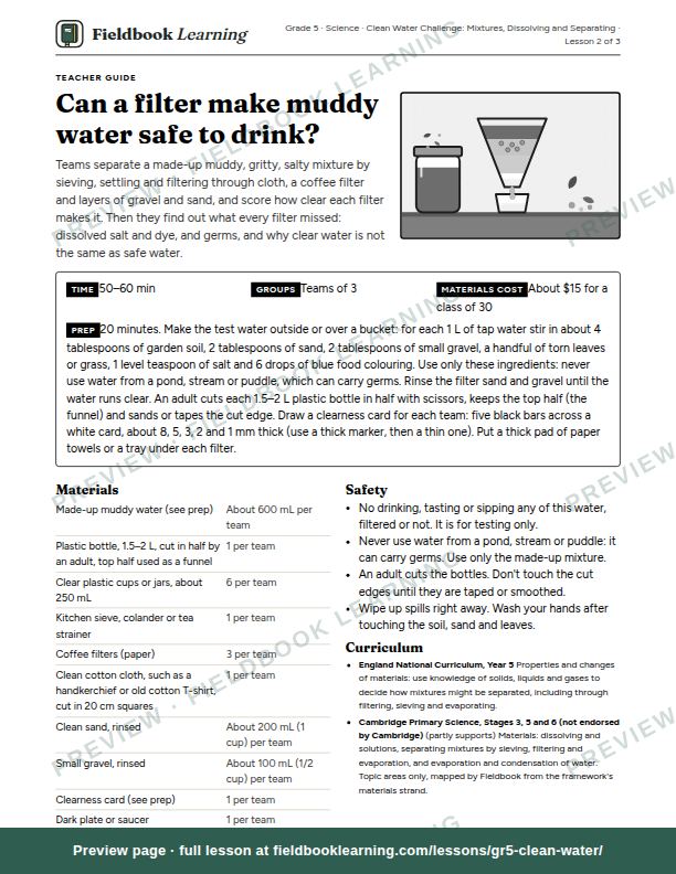 First page of the Can a filter make muddy water safe to drink? teacher guide