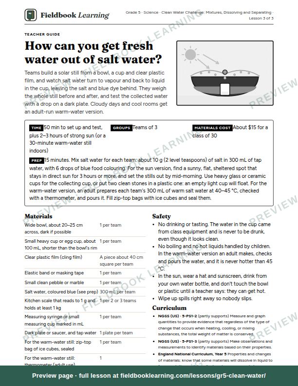 First page of the How can you get fresh water out of salt water? teacher guide