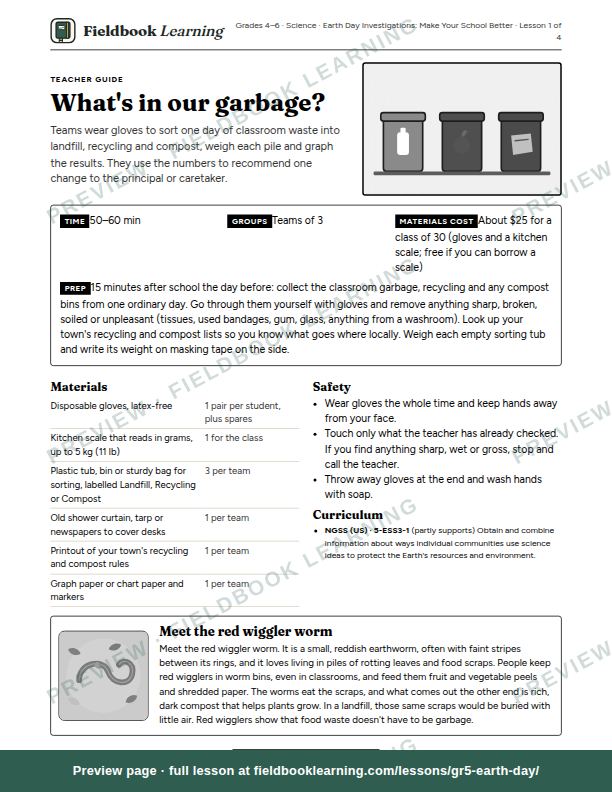 First page of the What's in our garbage? teacher guide