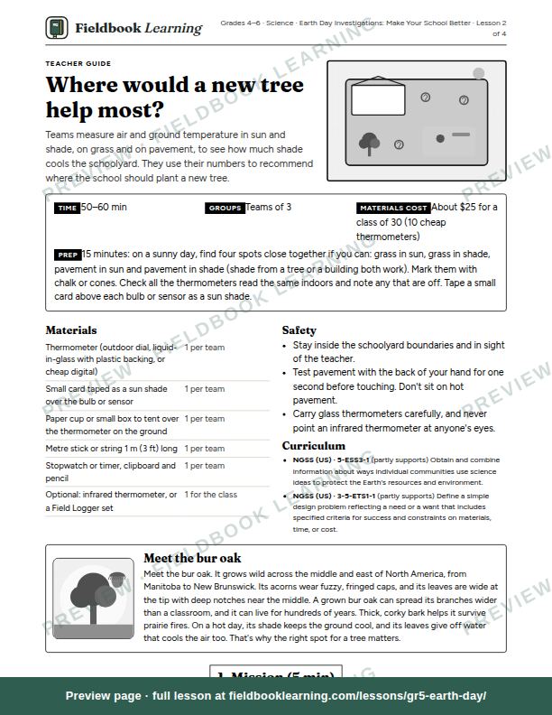 First page of the Where would a new tree help most? teacher guide
