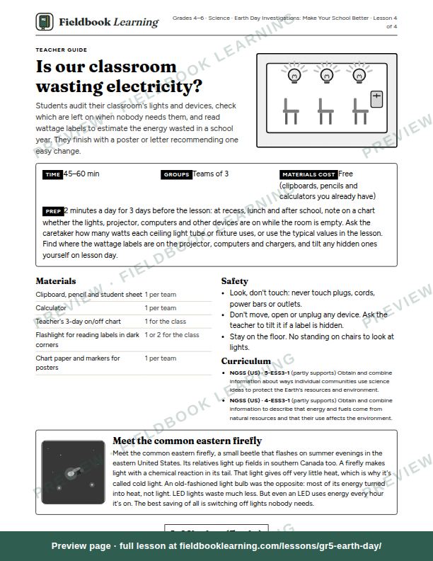 First page of the Is our classroom wasting electricity? teacher guide