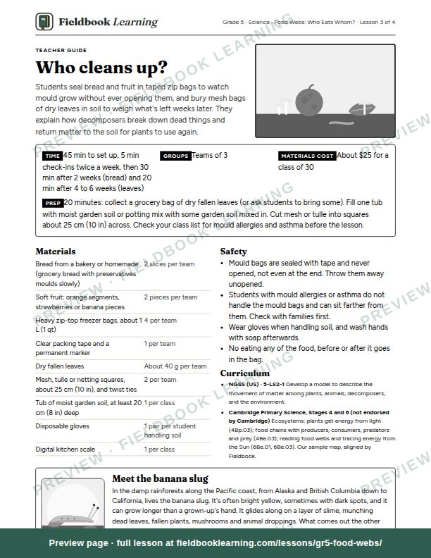 First page of the Who cleans up? teacher guide