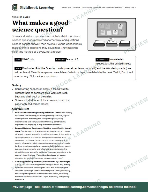 First page of the What makes a good science question? teacher guide